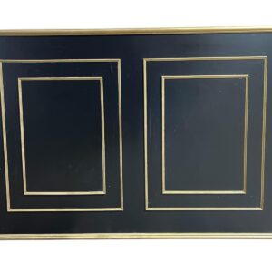 Patrizi Bar in black with gold trim, measuring 5'L x 18"W x 42"H. Features a sleek high-gloss black finish with elegant paneled detailing and metallic gold accents, offering a refined and modern look for cocktail hours, receptions, and upscale events.