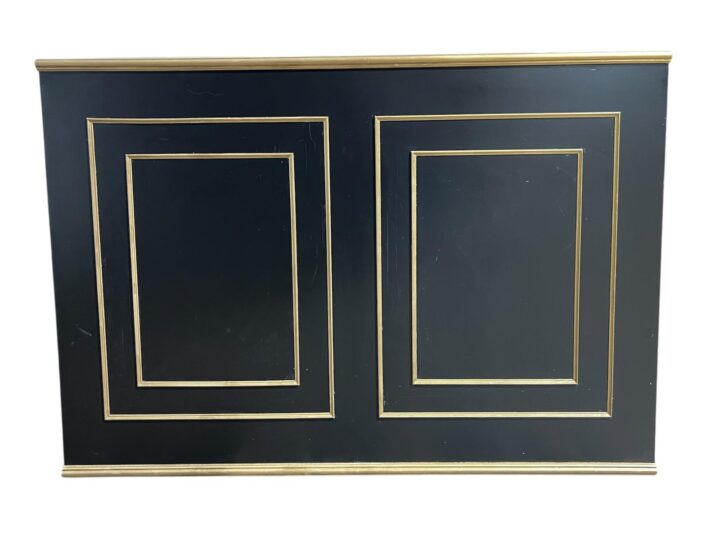 Patrizi Bar in black with gold trim, measuring 5'L x 18"W x 42"H. Features a sleek high-gloss black finish with elegant paneled detailing and metallic gold accents, offering a refined and modern look for cocktail hours, receptions, and upscale events.