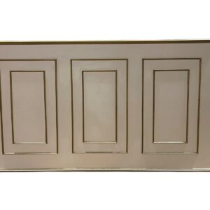Patrizi Bar in ivory and gold measuring 6'L x 18"W x 42"H. Features a smooth ivory finish with elegant gold-trimmed panel detailing, offering a timeless and sophisticated look perfect for weddings, galas, and upscale event bar setups.