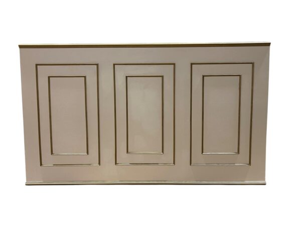Patrizi Bar in ivory and gold measuring 6'L x 18"W x 42"H. Features a smooth ivory finish with elegant gold-trimmed panel detailing, offering a timeless and sophisticated look perfect for weddings, galas, and upscale event bar setups.