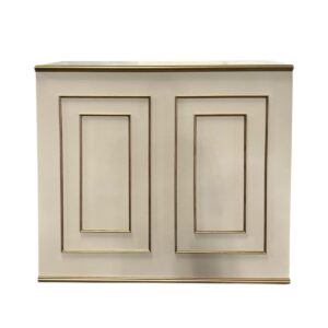 Patrizi Bar in ivory and gold measuring 4'L x 18"W x 42"H. Features elegant paneled detailing with gold trim and a smooth ivory finish, creating a sophisticated centerpiece for cocktail hours, receptions, and upscale event bars.