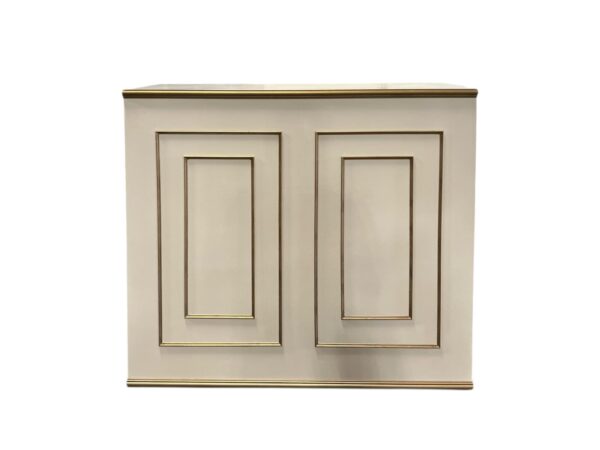 Patrizi Bar in ivory and gold measuring 4'L x 18"W x 42"H. Features elegant paneled detailing with gold trim and a smooth ivory finish, creating a sophisticated centerpiece for cocktail hours, receptions, and upscale event bars.
