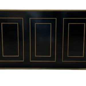Patrizi Bar in black with gold trim, measuring 6'L x 18"W x 42"H. Features a sleek high-gloss finish with paneled detailing and elegant metallic accents, creating a sophisticated focal point for bar setups, cocktail hours, or receptions.