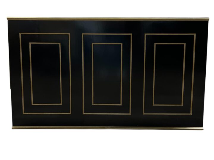 Patrizi Bar in black with gold trim, measuring 6'L x 18"W x 42"H. Features a sleek high-gloss finish with paneled detailing and elegant metallic accents, creating a sophisticated focal point for bar setups, cocktail hours, or receptions.