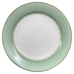 Juniper Bread and Hors d’Oeuvre Plate, 6 inches. Elegant white porcelain plate with a soft green geometric border pattern and fine gold rim, perfect for appetizers, bread service, or dessert presentation at refined events.