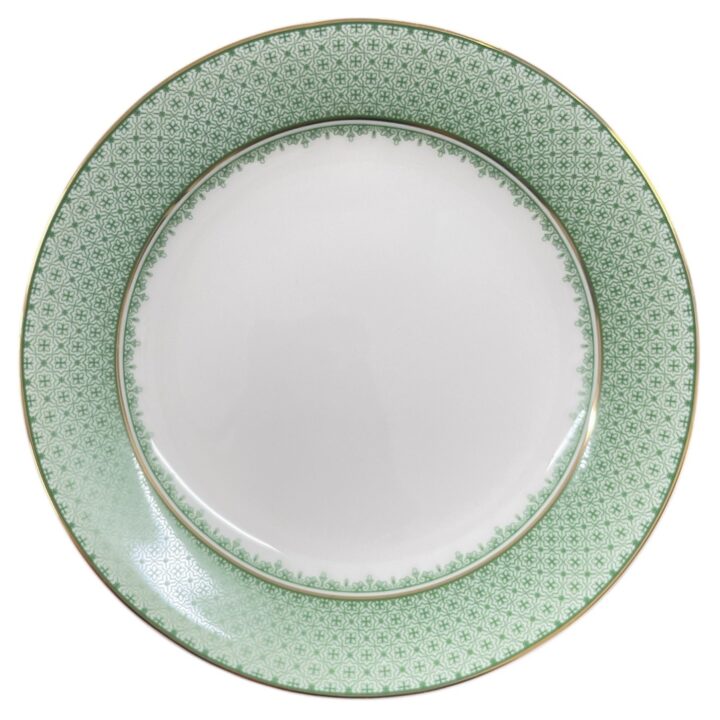 Juniper Bread and Hors d’Oeuvre Plate, 6 inches. Elegant white porcelain plate with a soft green geometric border pattern and fine gold rim, perfect for appetizers, bread service, or dessert presentation at refined events.