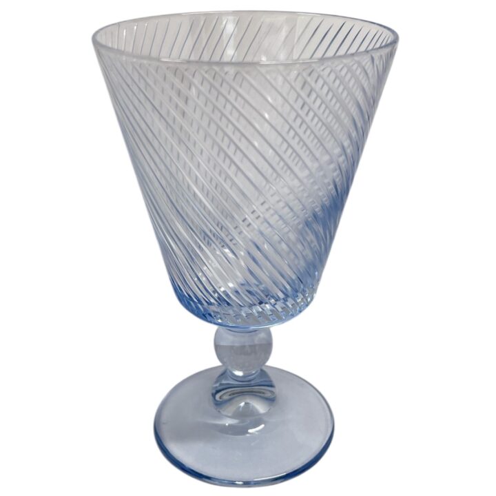 Light blue glass goblet with a diagonal swirl pattern, and rounded stem. The glass features a soft blue tint and holds approximately 10 ounces.