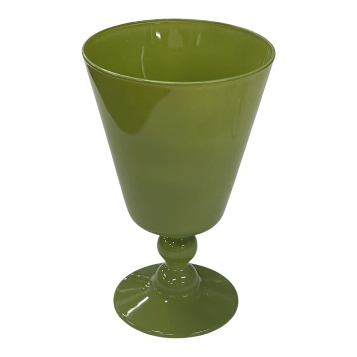 Opaque green glass goblet with a smooth, glossy finish and rounded stem. The cup has a modern, minimalist design with a solid green color.