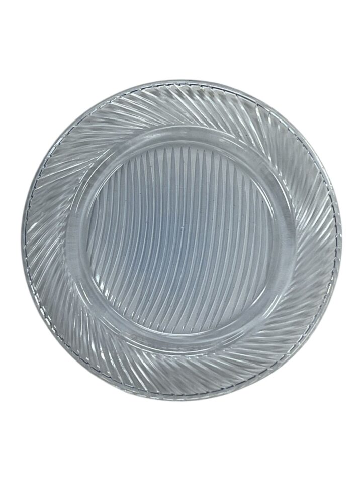 Light blue glass bread or hors d'oeuvre plate featuring a subtle swirl pattern and textured rim. The plate has a translucent finish and measures approximately 6 inches in diameter.