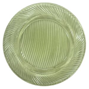 Green glass bread or hors d'oeuvre plate with a delicate swirl pattern and textured rim. The plate has a translucent green tint and measures approximately 6 inches in diameter.