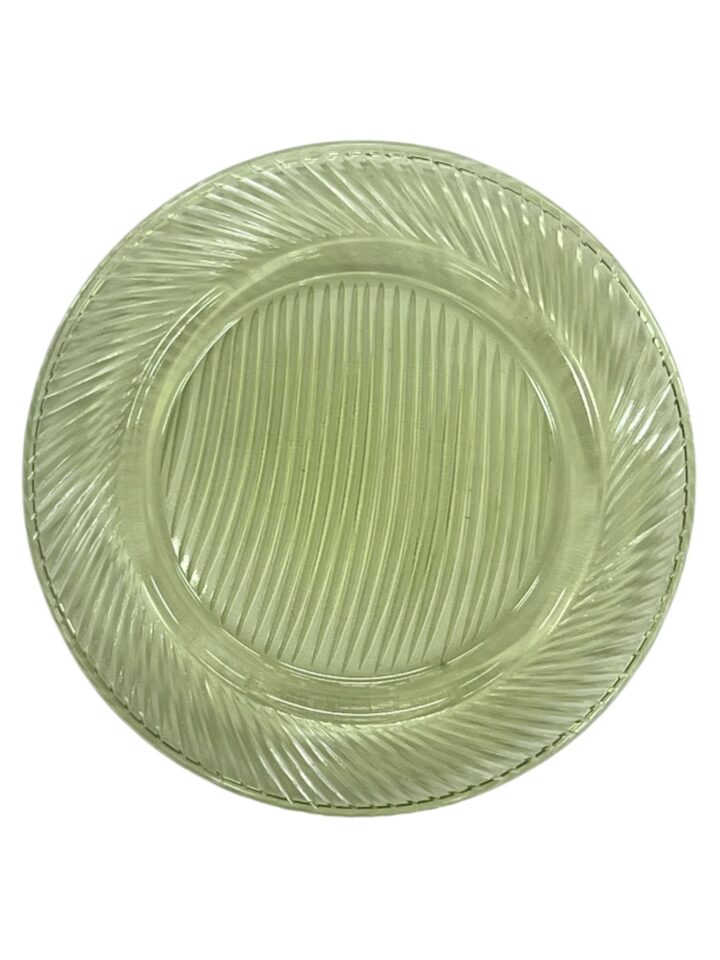 Green glass bread or hors d'oeuvre plate with a delicate swirl pattern and textured rim. The plate has a translucent green tint and measures approximately 6 inches in diameter.