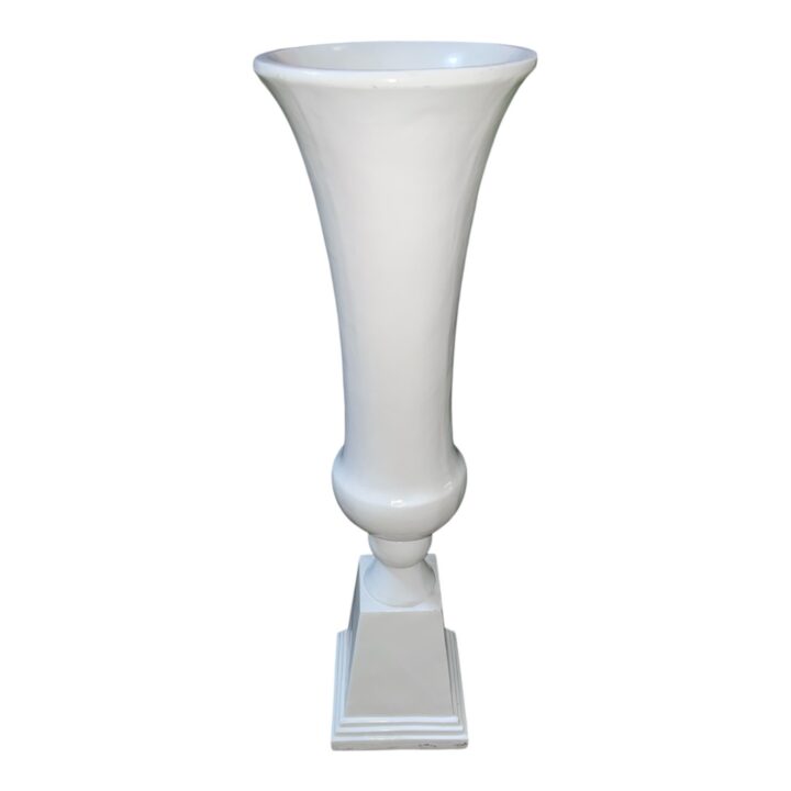 Urn Pedestal White, 52" tall with an 11.5" square base and 15" top diameter. Features a sleek trumpet-shaped design with a glossy white finish — perfect for floral arrangements, event styling, or elegant display setups.