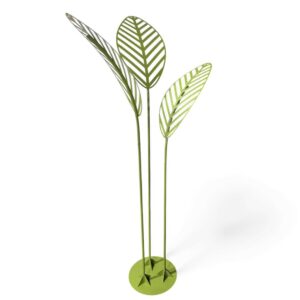 Decorative Palm Tree in moss green measuring 58"W x 120"H, featuring a sculptural metal design with three tall, stylized palm leaves on slender stems and a round base.