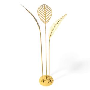 Decorative Palm Tree in champagne gold measuring 58"W x 120"H, featuring a sleek metal design with three tall, sculptural palm leaves on slender stems and a round base.
