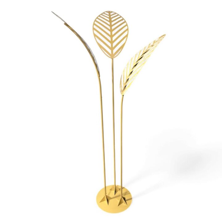 Decorative Palm Tree in champagne gold measuring 58"W x 120"H, featuring a sleek metal design with three tall, sculptural palm leaves on slender stems and a round base.
