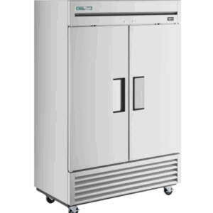 Stainless steel True refrigerator with two solid swing doors, heavy-duty handles, and bottom ventilation grill. The unit stands on caster wheels for easy mobility.