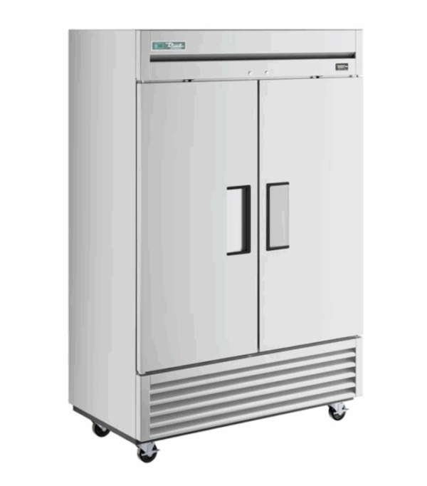 Stainless steel True refrigerator with two solid swing doors, heavy-duty handles, and bottom ventilation grill. The unit stands on caster wheels for easy mobility.