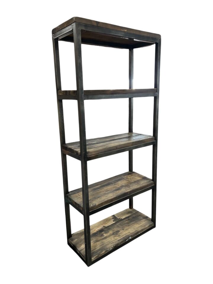 Axel Bar Back with a black metal frame and four wooden shelves, featuring a slightly angled industrial design. Measures 79 inches high, 35.5 inches wide, and 16 inches deep — ideal for displaying bottles, glassware, or décor at events.