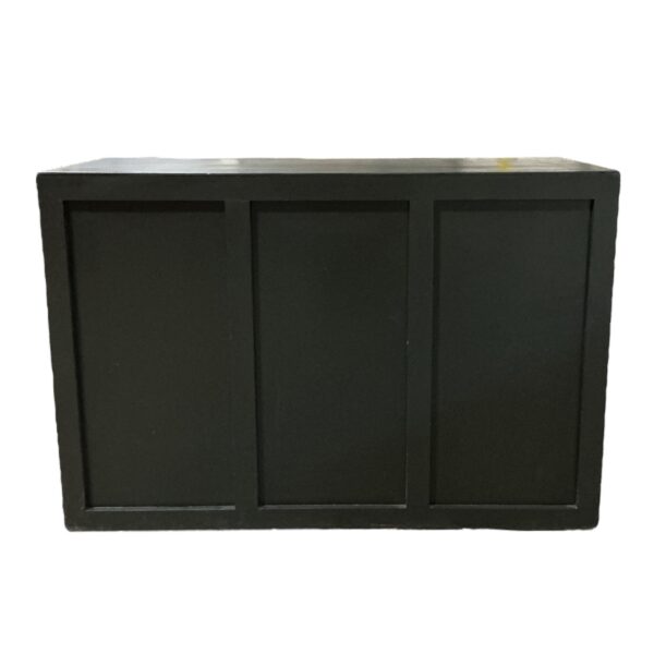Le Cou Bar in black with a paneled front design, measuring 5 feet long by 25 inches wide by 42 inches high. A sleek and versatile event bar ideal for cocktail service, receptions, or event setups.
