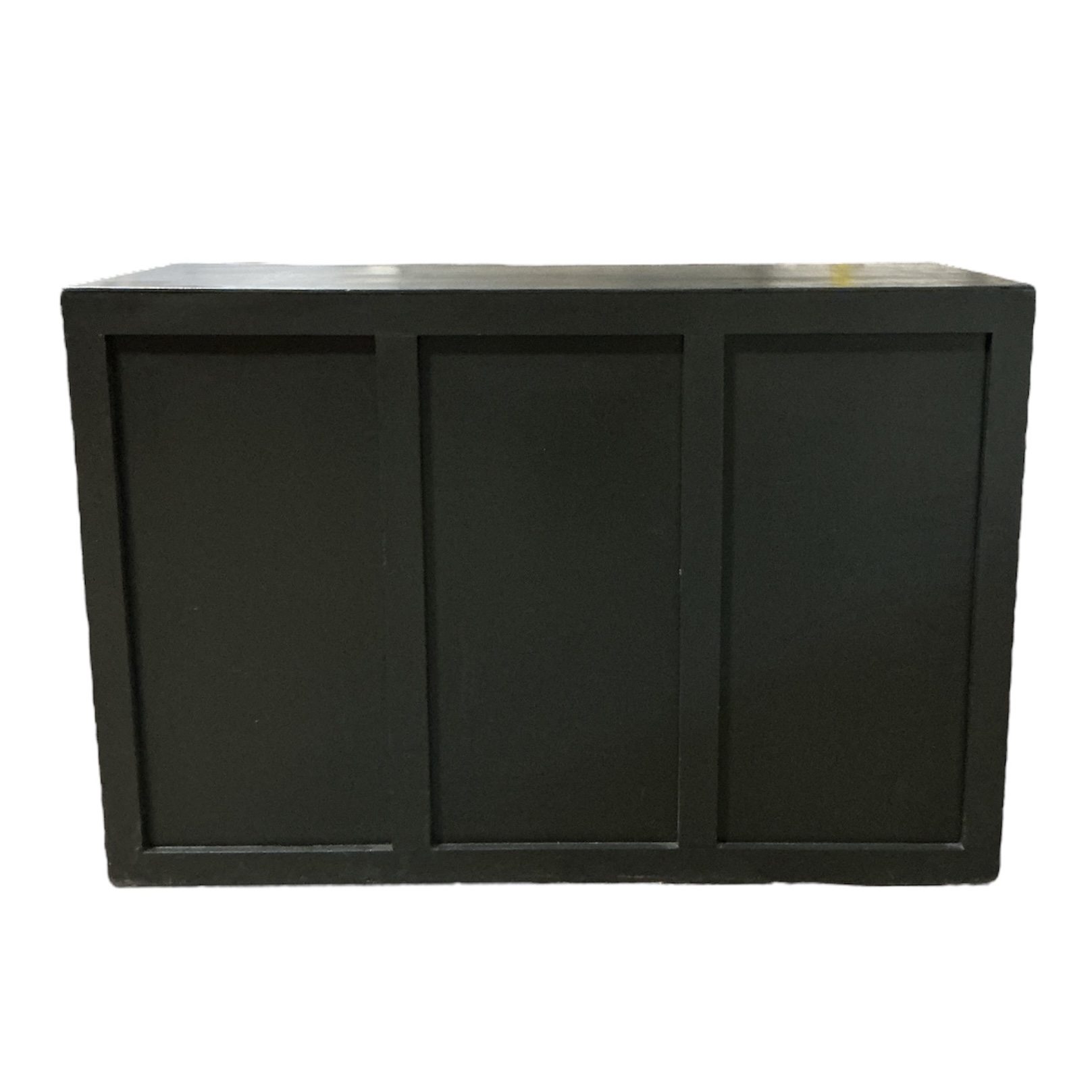 Le Cou Bar in black with a paneled front design, measuring 5 feet long by 25 inches wide by 42 inches high. A sleek and versatile event bar ideal for cocktail service, receptions, or event setups.
