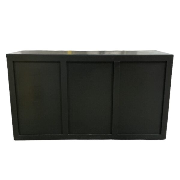 Le Cou Bar in black featuring a paneled front design, measuring 6 feet long by 25 inches wide by 42 inches high. A classic and modern bar ideal for event serving, cocktail setups, and receptions.