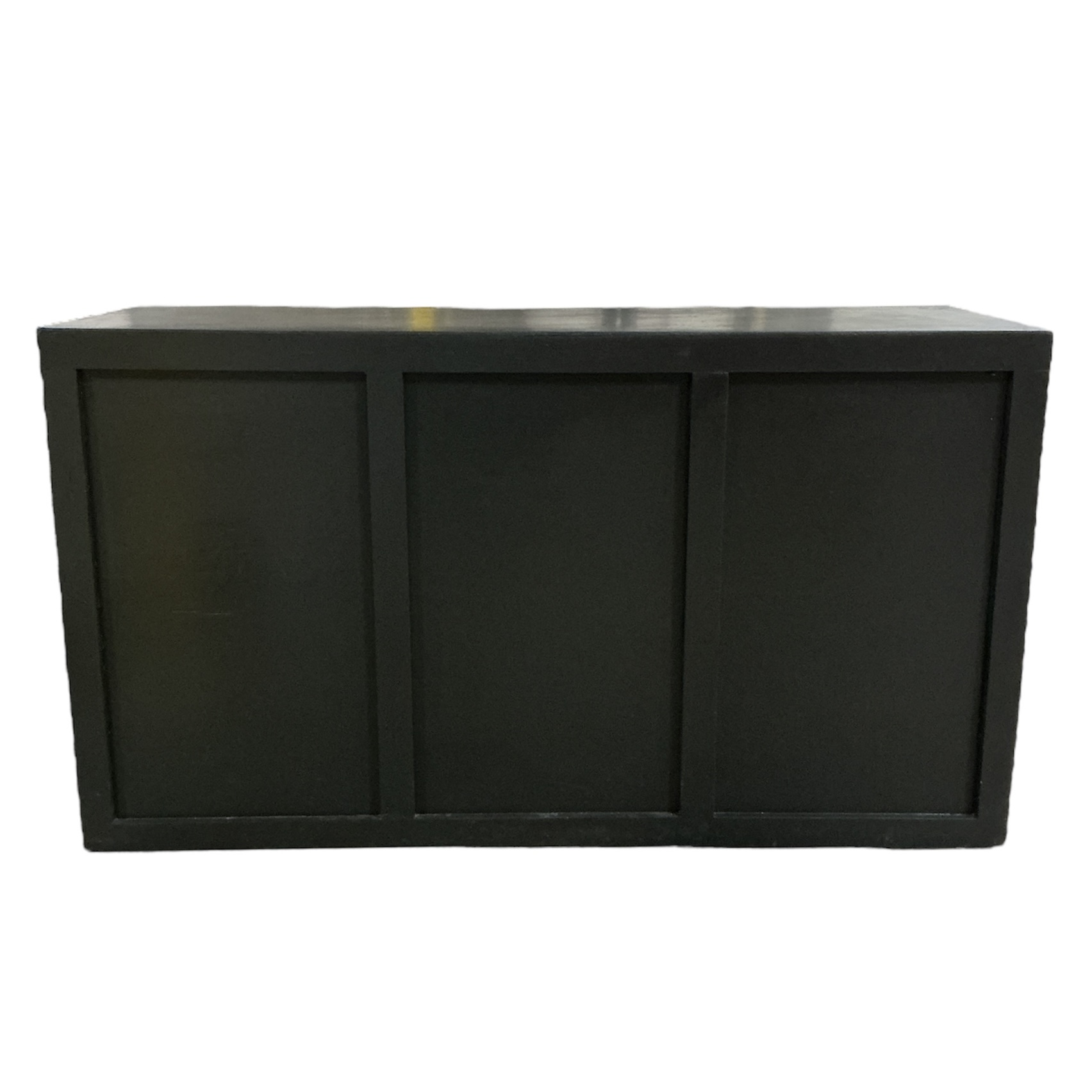 Le Cou Bar in black featuring a paneled front design, measuring 6 feet long by 25 inches wide by 42 inches high. A classic and modern bar ideal for event serving, cocktail setups, and receptions.