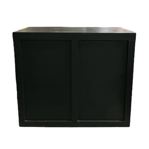 Black event rental bar featuring a simple paneled front and clean rectangular design, ideal for beverage service, event setups, or display use.
