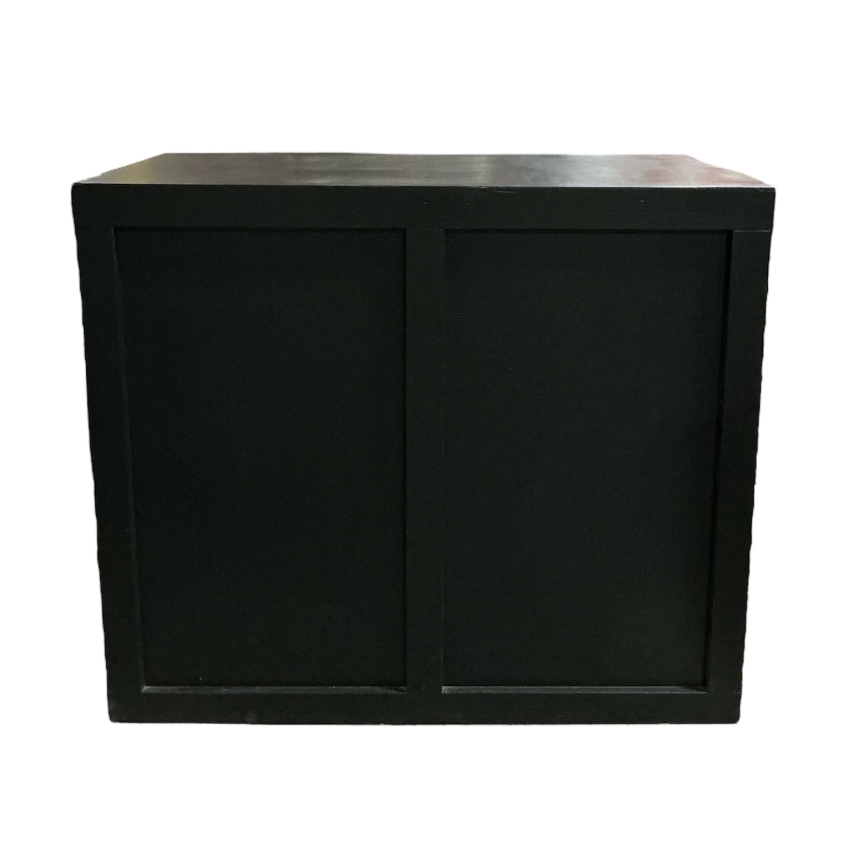Black event rental bar featuring a simple paneled front and clean rectangular design, ideal for beverage service, event setups, or display use.