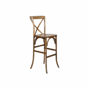 Cross Back Bar Chair in antique wood finish featuring a curved “X” back design and contoured seat.