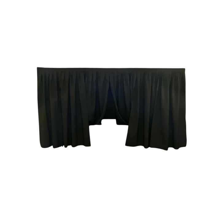 Le Cou Buffet Skirt with Velcro in black, available in multiple sizes. Features a pleated drape design for a clean, elegant presentation—perfect for buffet tables, catering stations, and event service setups.