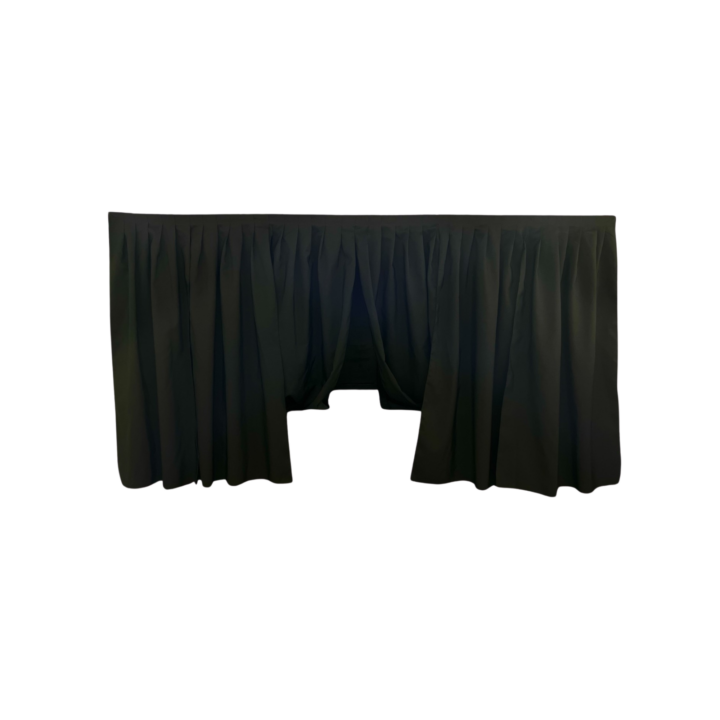 Allegro Blue Bar Skirt with Velcro in black, measuring 8'L x 41"H. Features a gathered, pleated design for a polished look and easy Velcro attachment for secure setup around bar fronts—ideal for events, galas, and receptions.