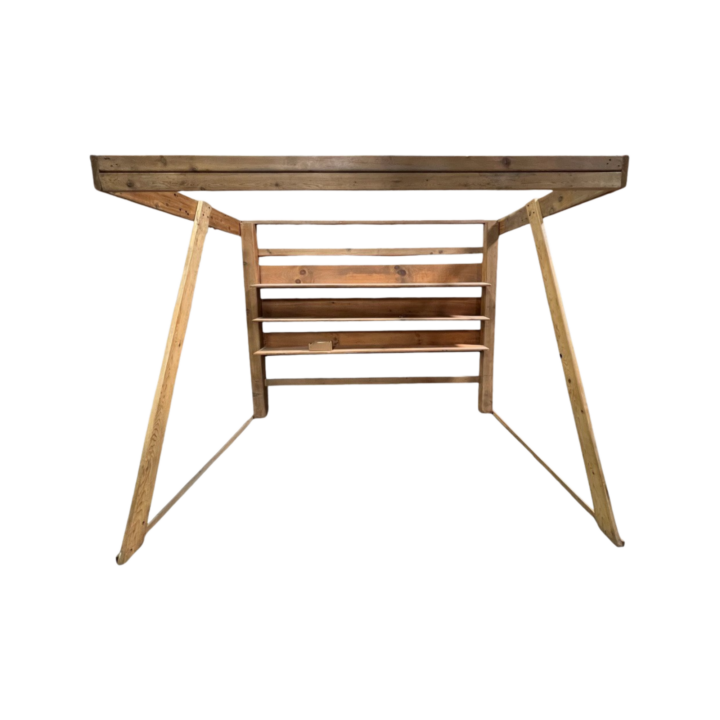 Market Stand with Awning measuring 10'L x 6'8"W x 8'H. Crafted from natural wood with an open-frame design and top awning support, ideal for vendor displays, beverage stations, or outdoor event setups.