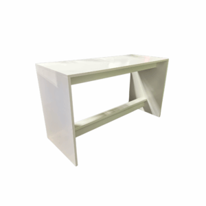 Le Mans Communal Table in white featuring a sleek modern design with angled legs and a rectangular tabletop. Measuring 6' x 30" x 42" tall, ideal for cocktail gatherings, dining, or event lounge setups.