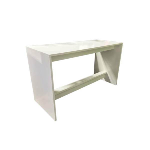 Le Mans Communal Table in white featuring a sleek modern design with angled legs and a rectangular tabletop. Measuring 6' x 30" x 42" tall, ideal for cocktail gatherings, dining, or event lounge setups.