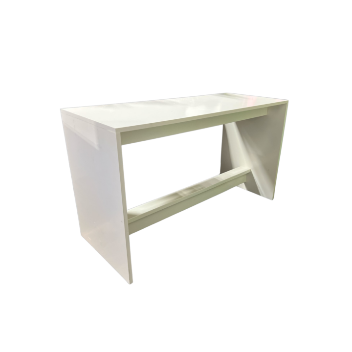 Le Mans Communal Table in white featuring a sleek modern design with angled legs and a rectangular tabletop. Measuring 6' x 30" x 42" tall, ideal for cocktail gatherings, dining, or event lounge setups.