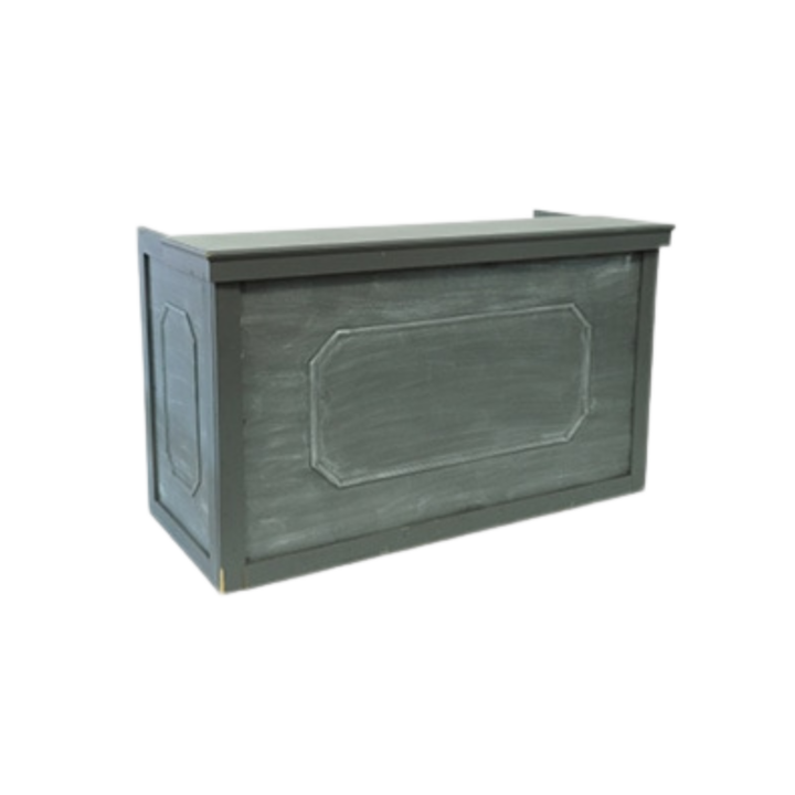 Capri Bar in grey distressed finish with paneled detailing, measuring 6 feet 8 inches wide by 4 feet high by 35 inches deep.