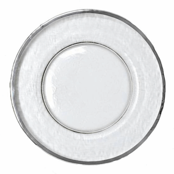Sea Glass Bread Plate with Real Silver Rim, 5.5 inches. Elegant translucent glass plate with a subtle frosted texture and polished silver edging — ideal for bread service or small bites at upscale events.