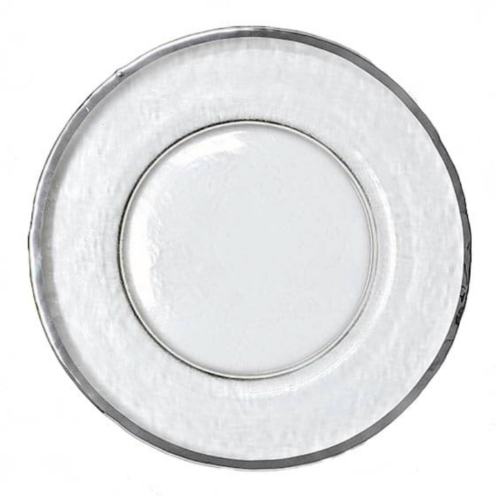 Sea Glass Bread Plate with Real Silver Rim, 5.5 inches. Elegant translucent glass plate with a subtle frosted texture and polished silver edging — ideal for bread service or small bites at upscale events.