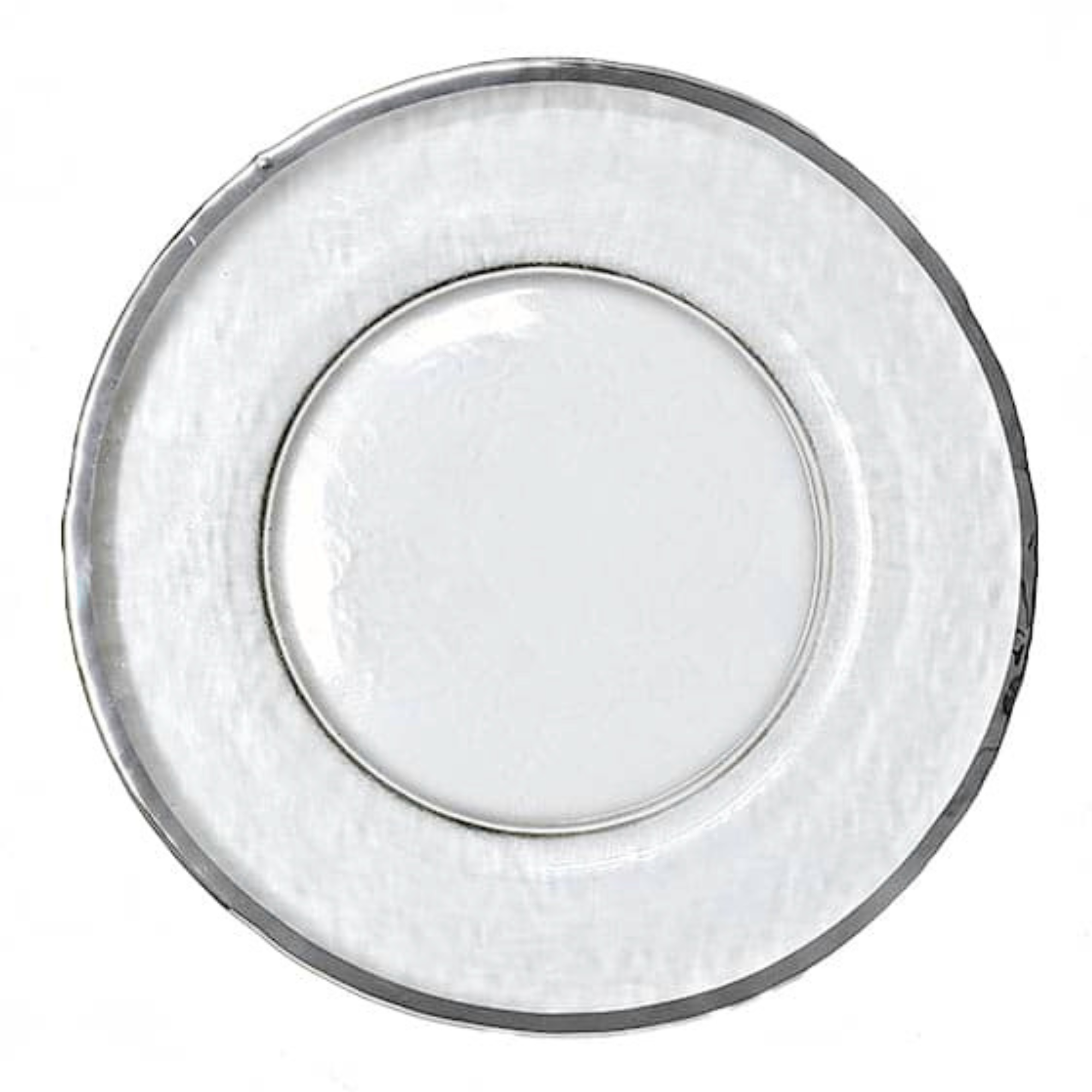 Sea Glass Bread Plate with Real Silver Rim, 5.5 inches. Elegant translucent glass plate with a subtle frosted texture and polished silver edging — ideal for bread service or small bites at upscale events.