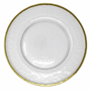 Sea Glass Bread Plate with Real Gold Rim, 5.5 inches. Clear glass plate featuring a subtle frosted texture and a polished gold edge — perfect for adding an elegant touch to bread service or small plates.