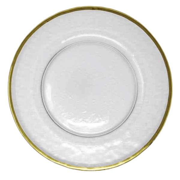 Sea Glass Bread Plate with Real Gold Rim, 5.5 inches. Clear glass plate featuring a subtle frosted texture and a polished gold edge — perfect for adding an elegant touch to bread service or small plates.