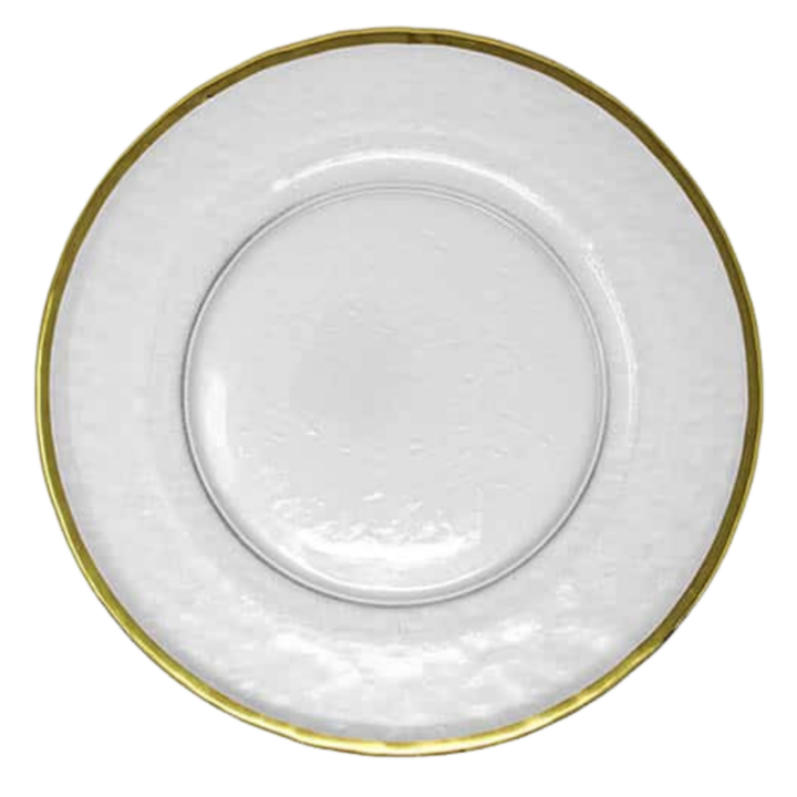 Sea Glass Bread Plate with Real Gold Rim, 5.5 inches. Clear glass plate featuring a subtle frosted texture and a polished gold edge — perfect for adding an elegant touch to bread service or small plates.