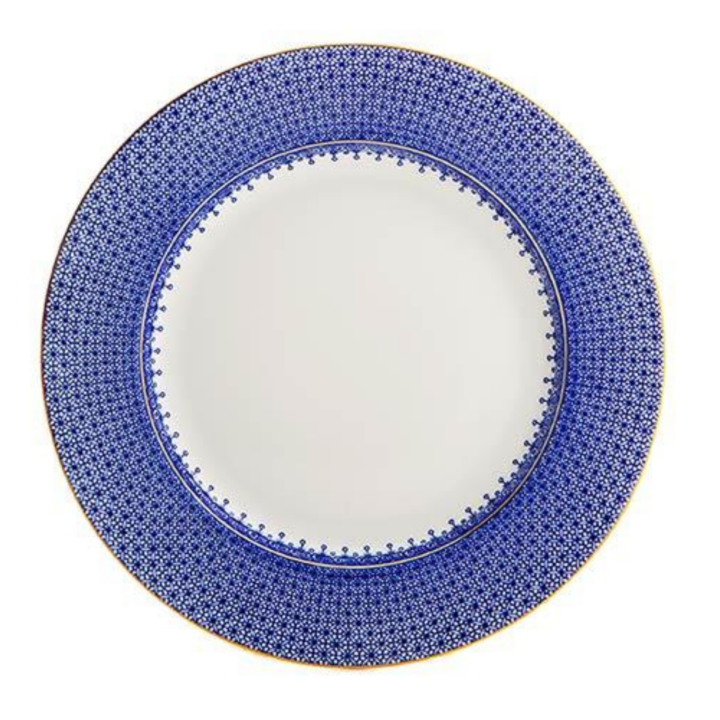 Blue Lace by Mottahedeh Dinner Plate, 10.25 inches. Elegant white porcelain plate with an intricate cobalt blue lace border and fine gold detailing — a timeless choice for sophisticated table settings.