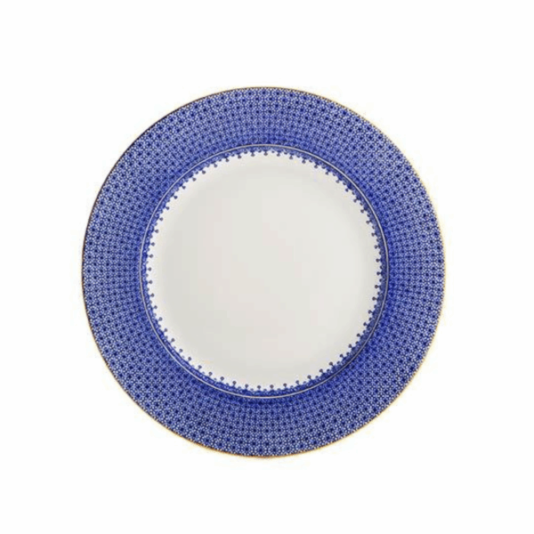 Blue Lace by Mottahedeh Dessert Plate, 8.5 inches. Refined white porcelain plate featuring a detailed cobalt blue lace border and delicate gold rim — ideal for serving desserts or salads at elegant events.