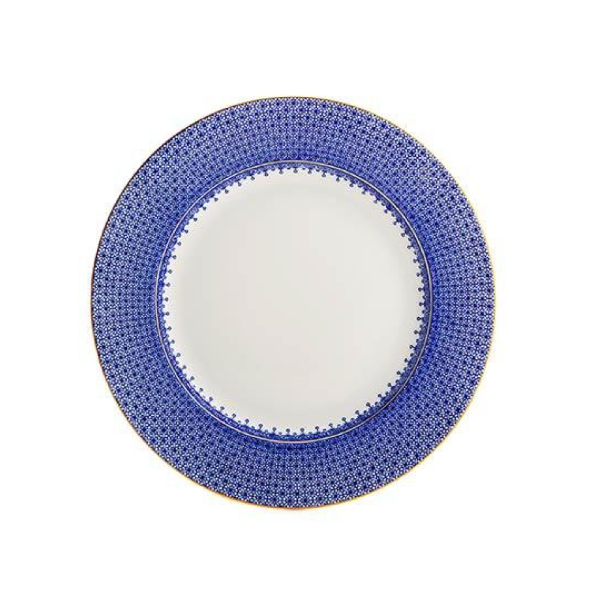 Blue Lace by Mottahedeh Dessert Plate, 8.5 inches. Refined white porcelain plate featuring a detailed cobalt blue lace border and delicate gold rim — ideal for serving desserts or salads at elegant events.