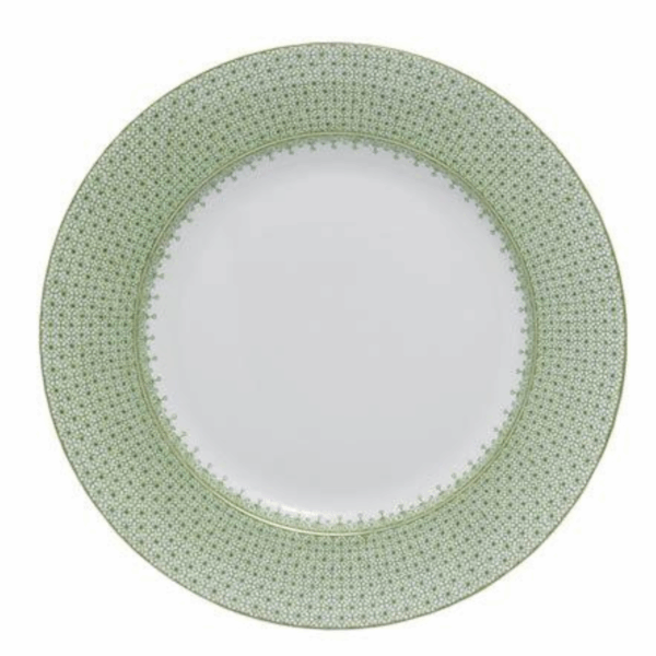 Apple Lace by Mottahedeh Dinnerware — elegant white porcelain plates with a detailed apple-green lace border and fine gold rim. Available in Dinner Plate (10.25"). Perfect for refined dining and event settings.