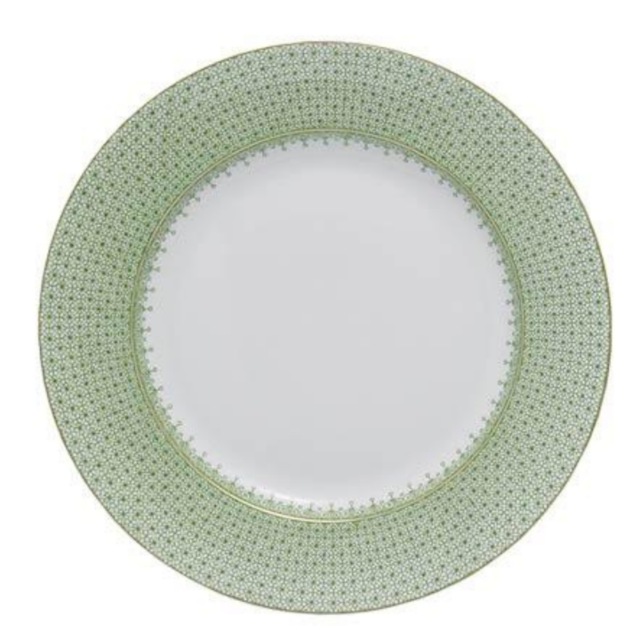 Apple Lace by Mottahedeh Dinnerware — elegant white porcelain plates with a detailed apple-green lace border and fine gold rim. Available in Dinner Plate (10.25"). Perfect for refined dining and event settings.