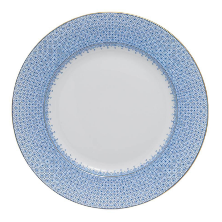 Cornflower Lace by Mottahedeh Dinnerware — elegant white porcelain plates featuring a delicate cornflower-blue lace border and a fine gold rim. Available in Dinner Plate (10.25") and Dessert Plate (8.5"). Perfect for refined dining and timeless event tablescapes.