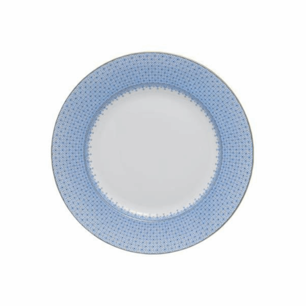 Cornflower Lace by Mottahedeh Dinnerware — elegant white porcelain plates featuring a delicate cornflower-blue lace border and a fine gold rim. Available in Dinner Plate (10.25") and Dessert Plate (8.5").