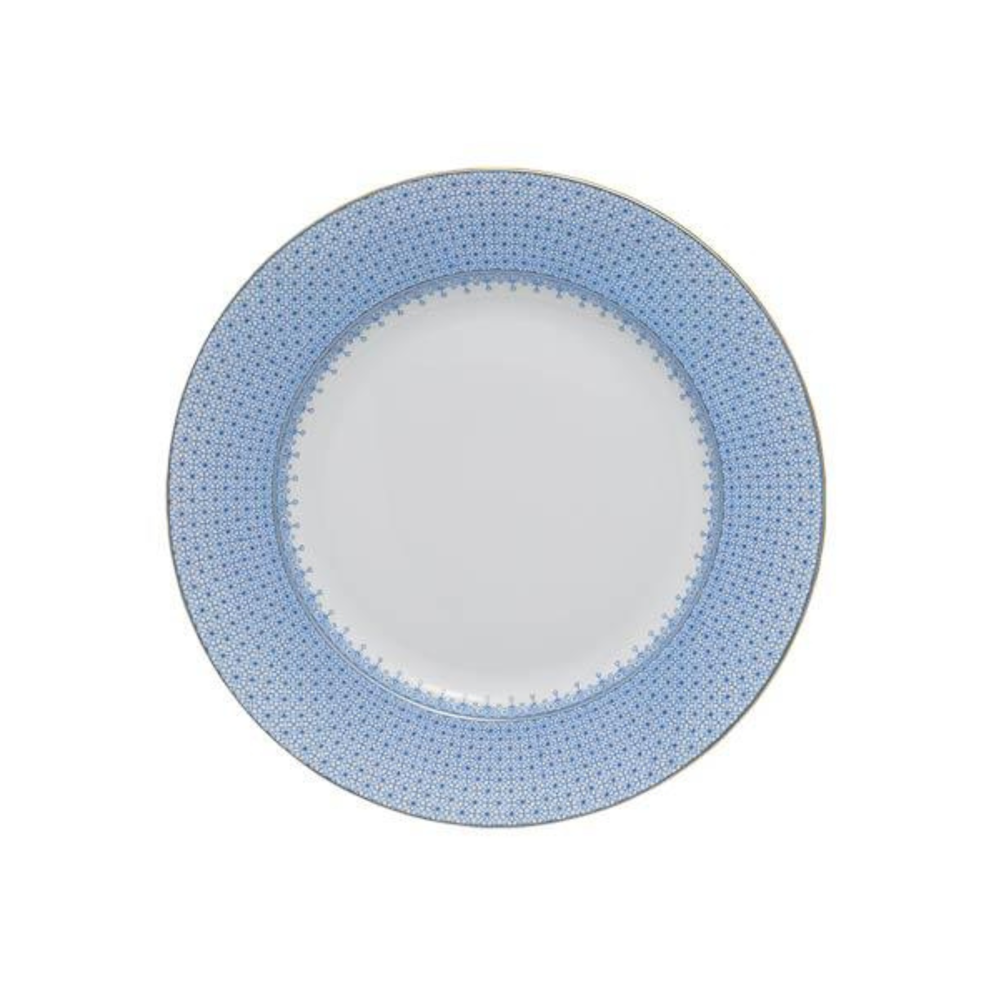 Cornflower Lace by Mottahedeh Dinnerware — elegant white porcelain plates featuring a delicate cornflower-blue lace border and a fine gold rim. Available in Dinner Plate (10.25") and Dessert Plate (8.5").